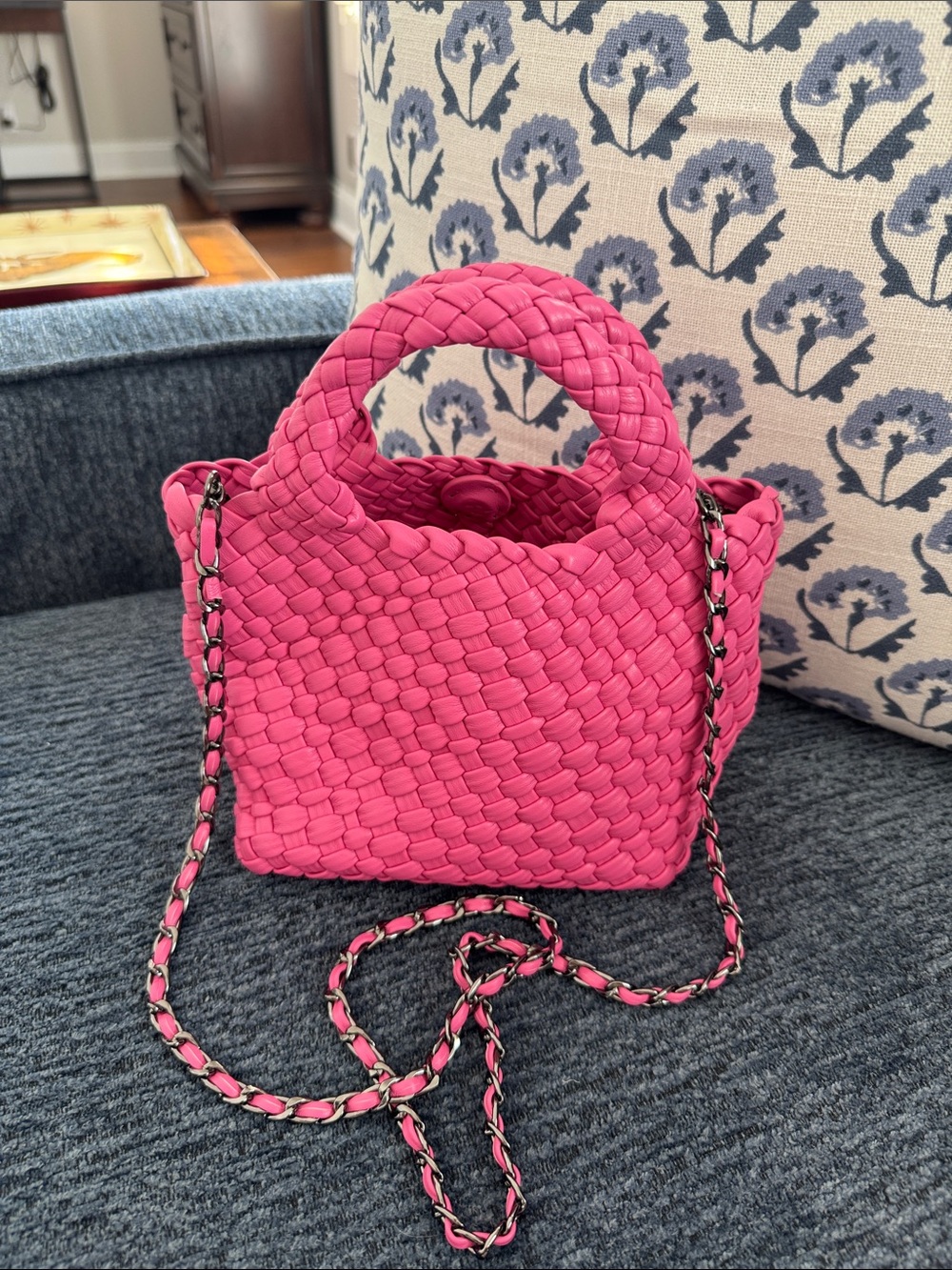 Woven Mini Tote Bag in Hot Pink